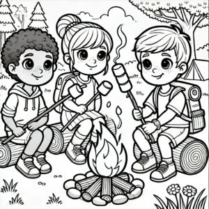 dzieci piekące pianki nad ogniskiem